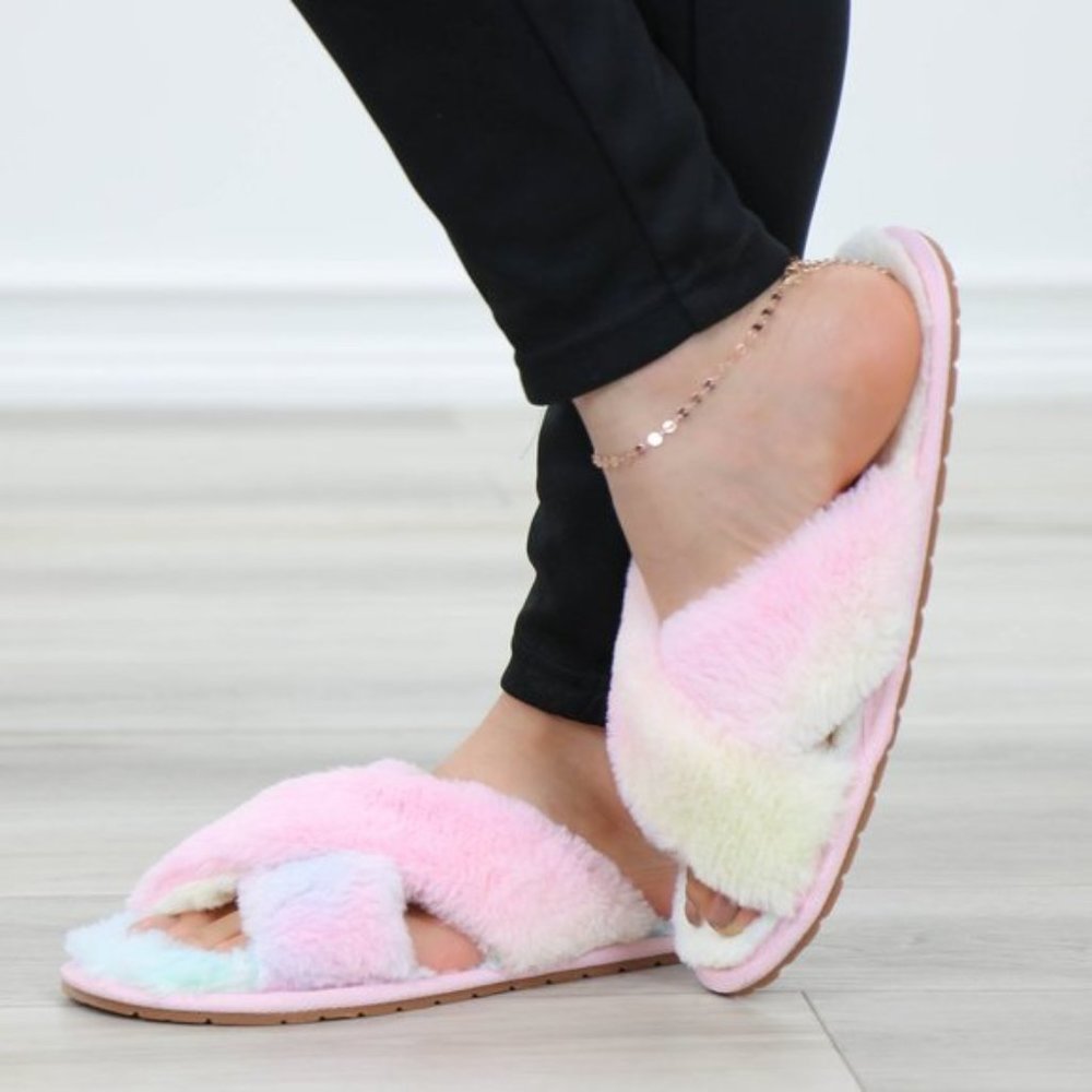Tie Dye Fuzzy Plush Criss Cross Sandal Sliders - Picture 8 of 16